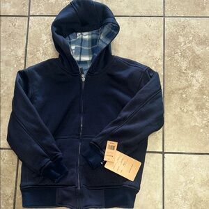 Reversible Navy Blue Hooded Jacket with Plaid Lining